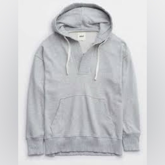 aerie Tops - Aerie V-Neck Hoodie Gray Oversized Size XXS Super Soft Ribbed Off The Shoulder